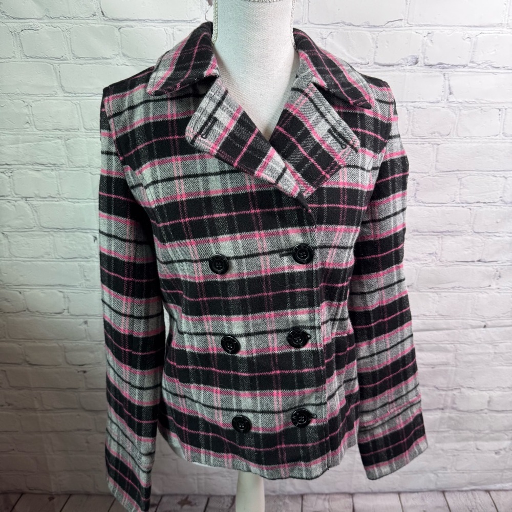 PINK Double Breasted Wool Blend Plaid Peacoat Small